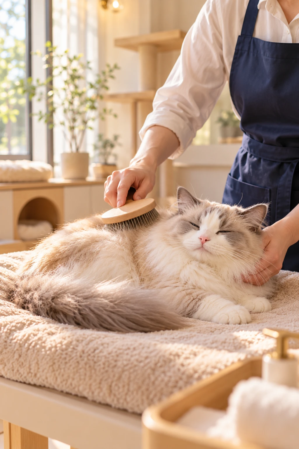 エプロン姿のスタッフが、目を細めた猫をやさしくブラッシングしている手元