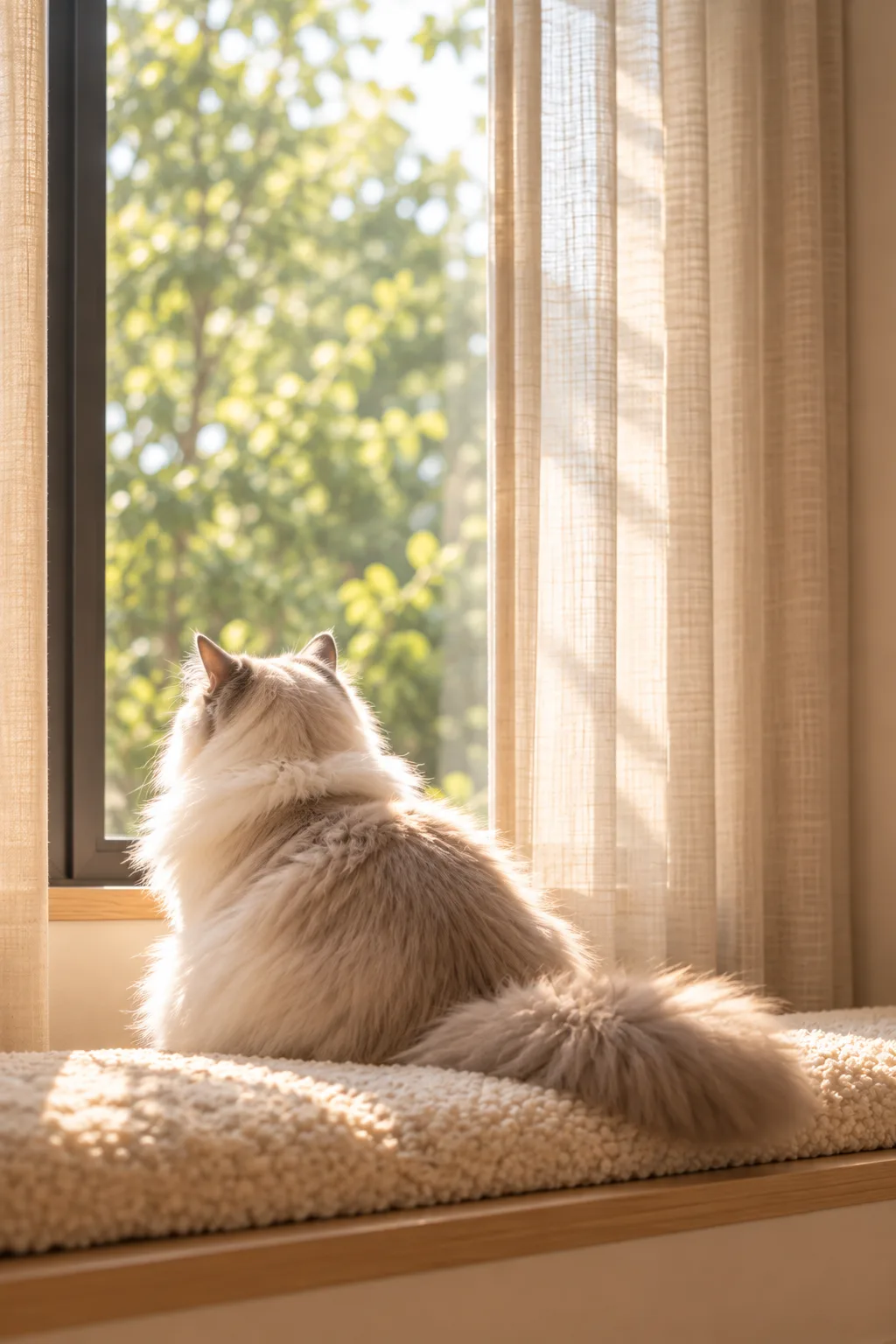カーテン越しの光の中、窓辺に座って外を眺める猫の後ろ姿
