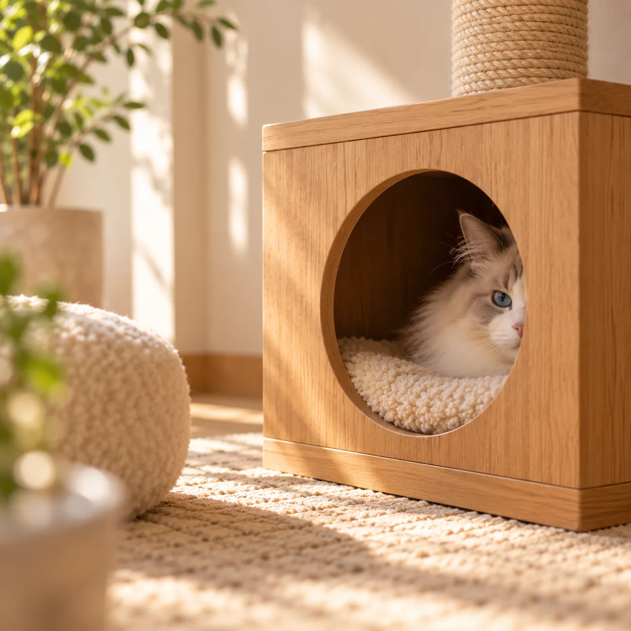 丸い穴のあいた木の箱の中から、猫が顔をのぞかせている