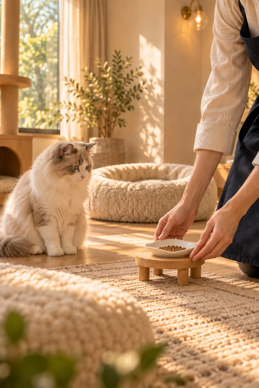 エプロン姿のスタッフが小さな器を置き、猫が座って待っている