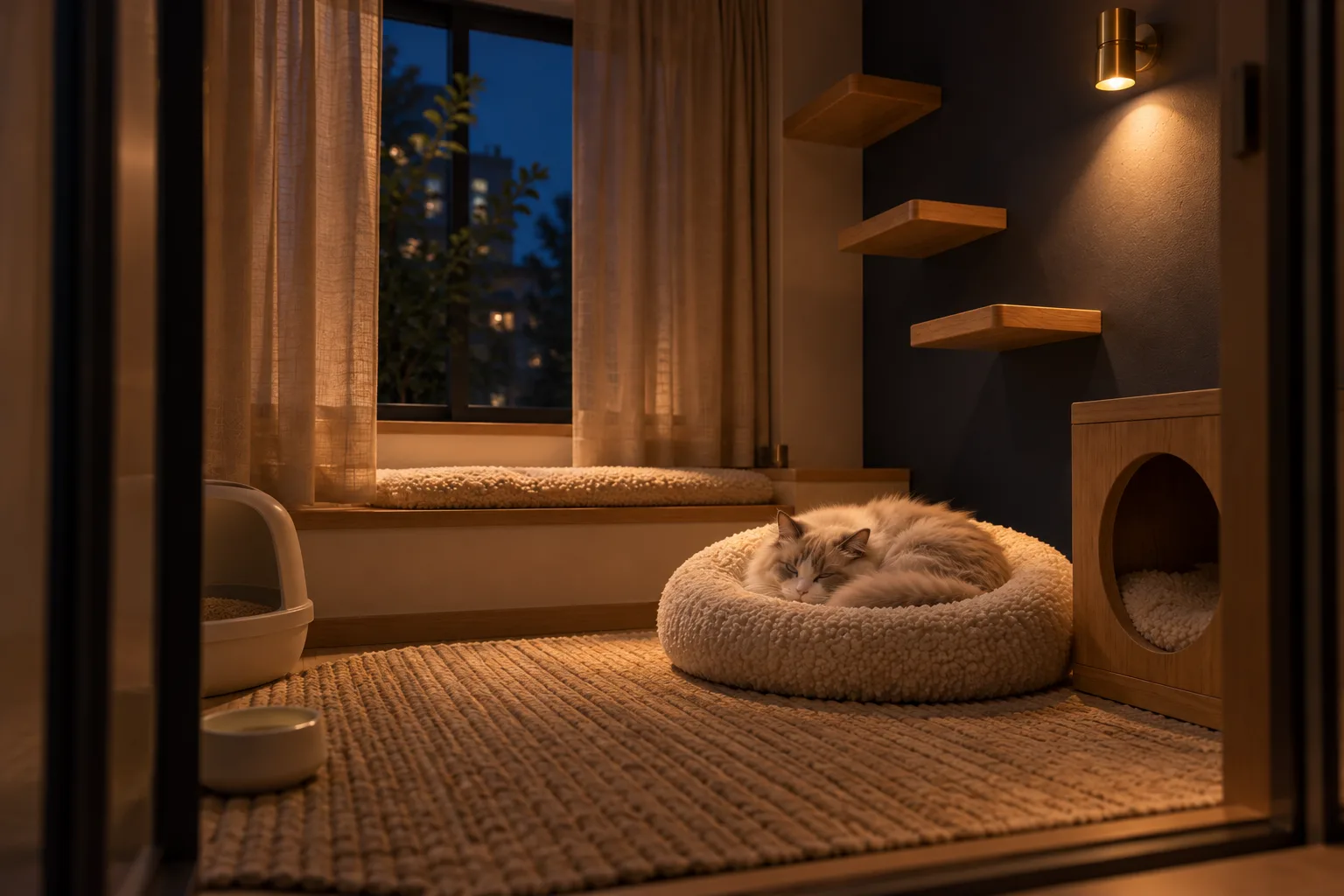 夜、灯りを落とした客室。照明がひとつ灯り、猫がベッドで丸くなって眠っている