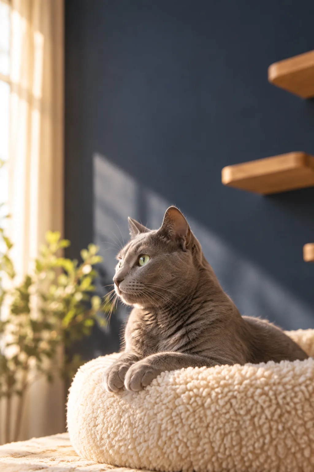 ベッドのふちに前足をかけ、窓のほうを見ているグレーの猫
