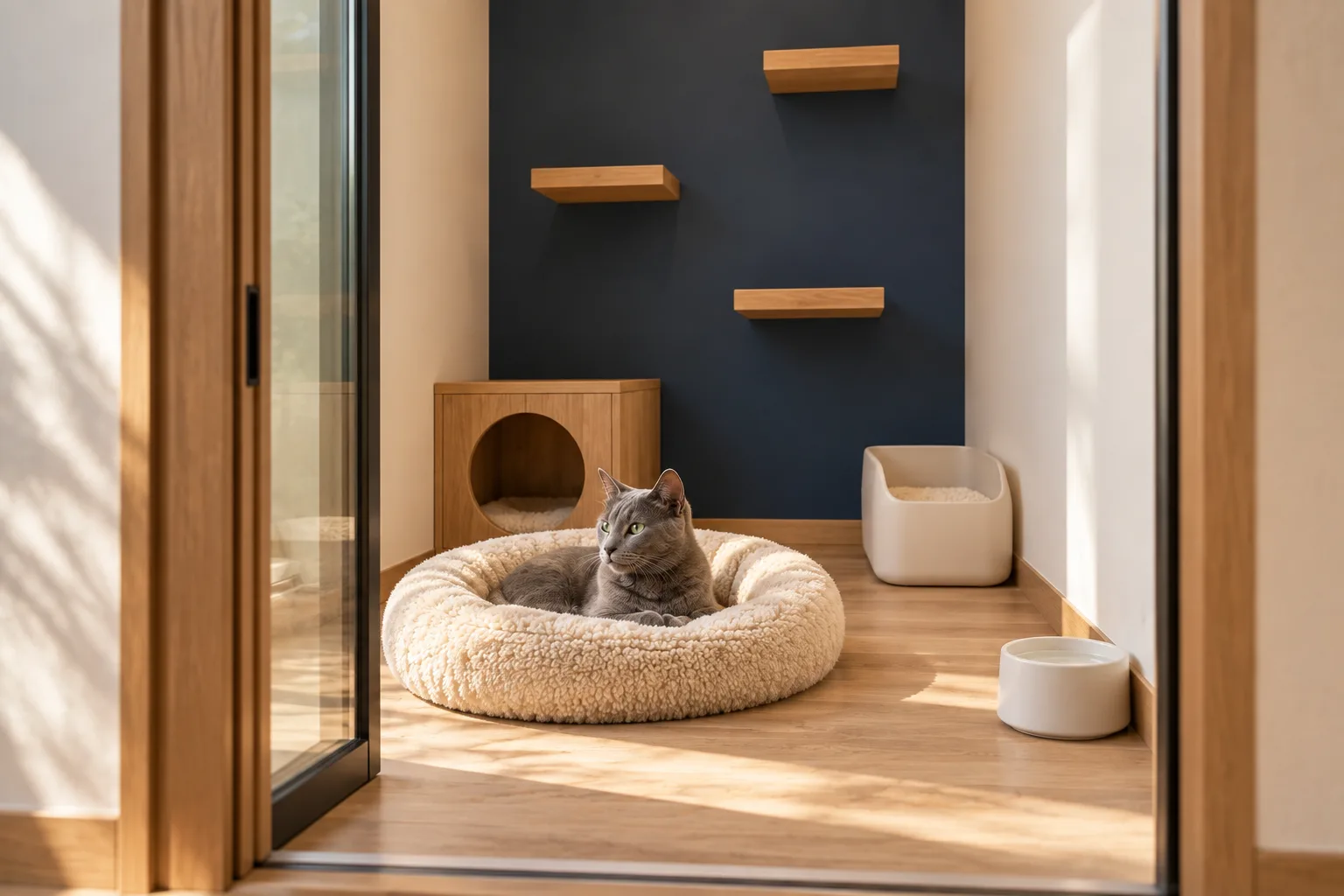 ROOM 01 のイメージ。引き戸の向こうの小さな個室。ネイビーの壁に木のステップ、丸いベッドに座る猫、隠れ家の箱、水の器、猫用トイレがある